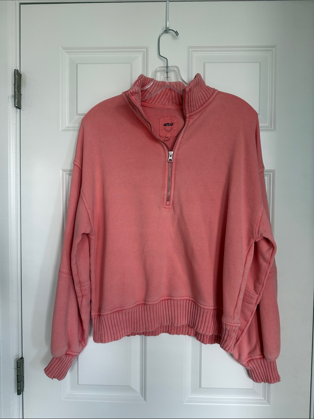 aerie Coral Pink Oversized Quarter-Zip Ribbed Funnel-Neck Sweatshirt